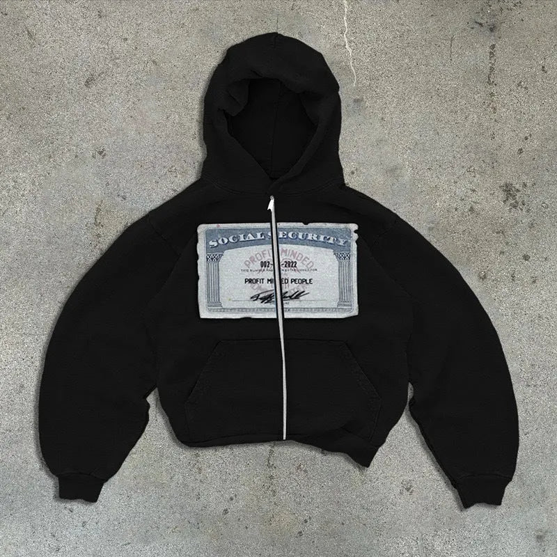 Unisex black hooded jacket with white letter print pattern and zipper pockets