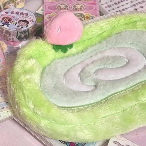 Swiss Roll Cake patterned velvet pencil case in Korean style roll design.