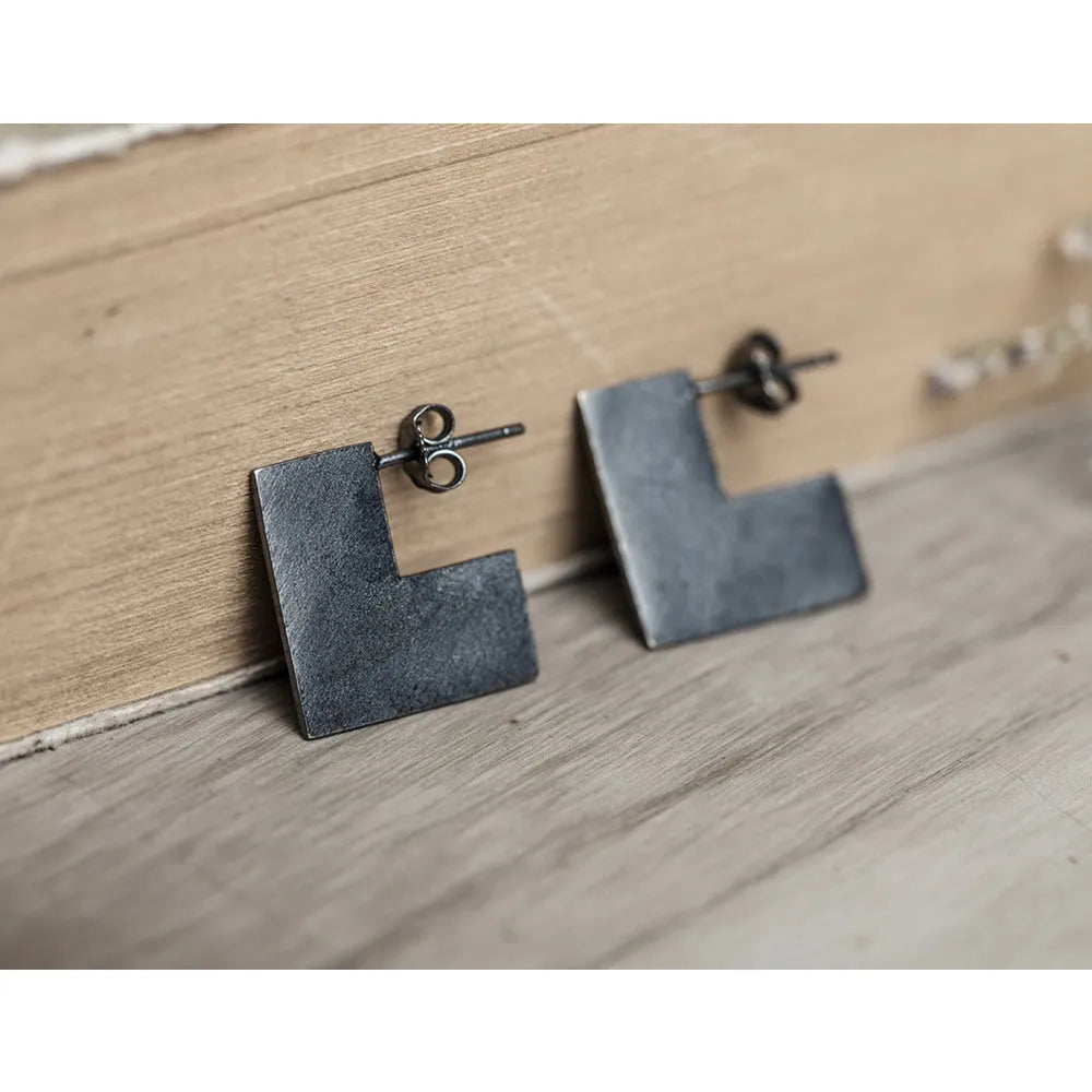 925 sterling silver geometric square earrings ring with oxidation black finish