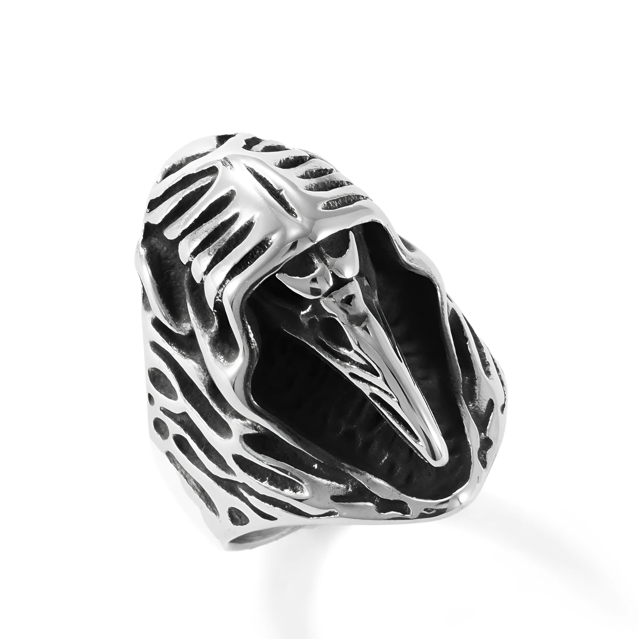 Crow design geometric stainless steel punk ring in MR166 colour on a grey background.