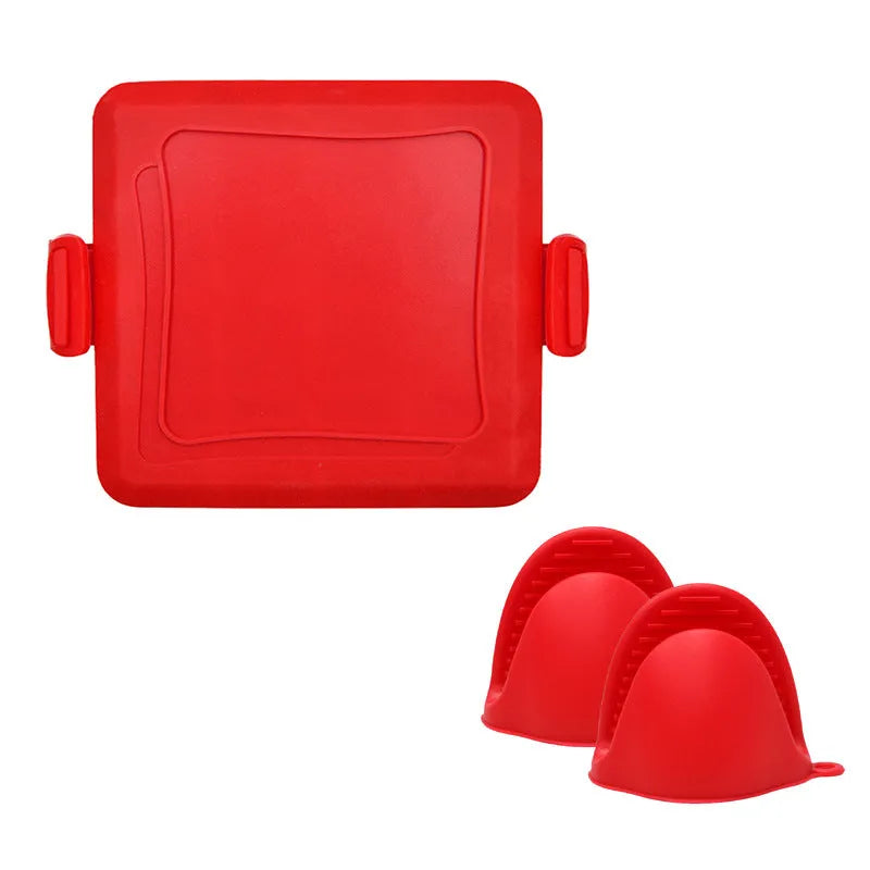 Red silicone baking tray and matching anti-scald gloves set on a kitchen counter.