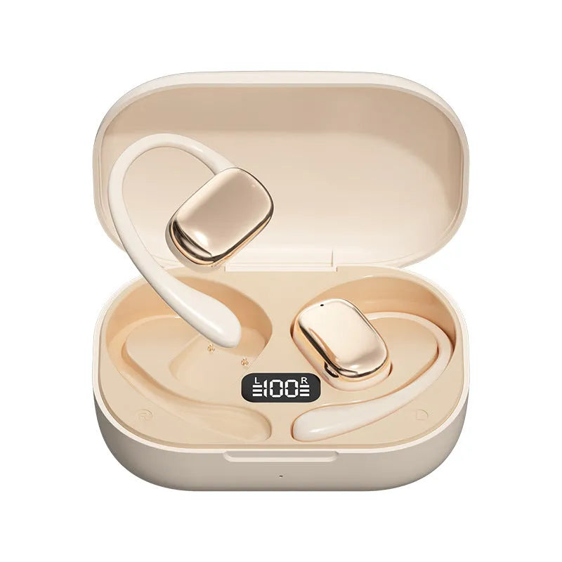 Ear-mounted wireless headphones with digital display screen in skin colour, black, and white colour options.