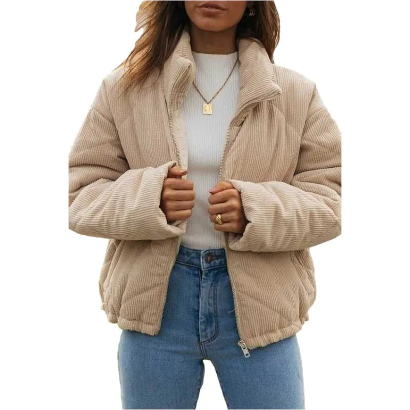 Women's apricot-coloured corduroy jacket with a stand collar, long sleeves, and a front zip.