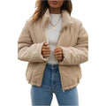 Women's apricot-coloured corduroy jacket with a stand collar, long sleeves, and a front zip.