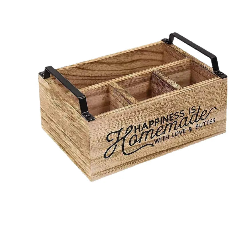Wooden kitchen storage box with internal grid compartments for organising tableware