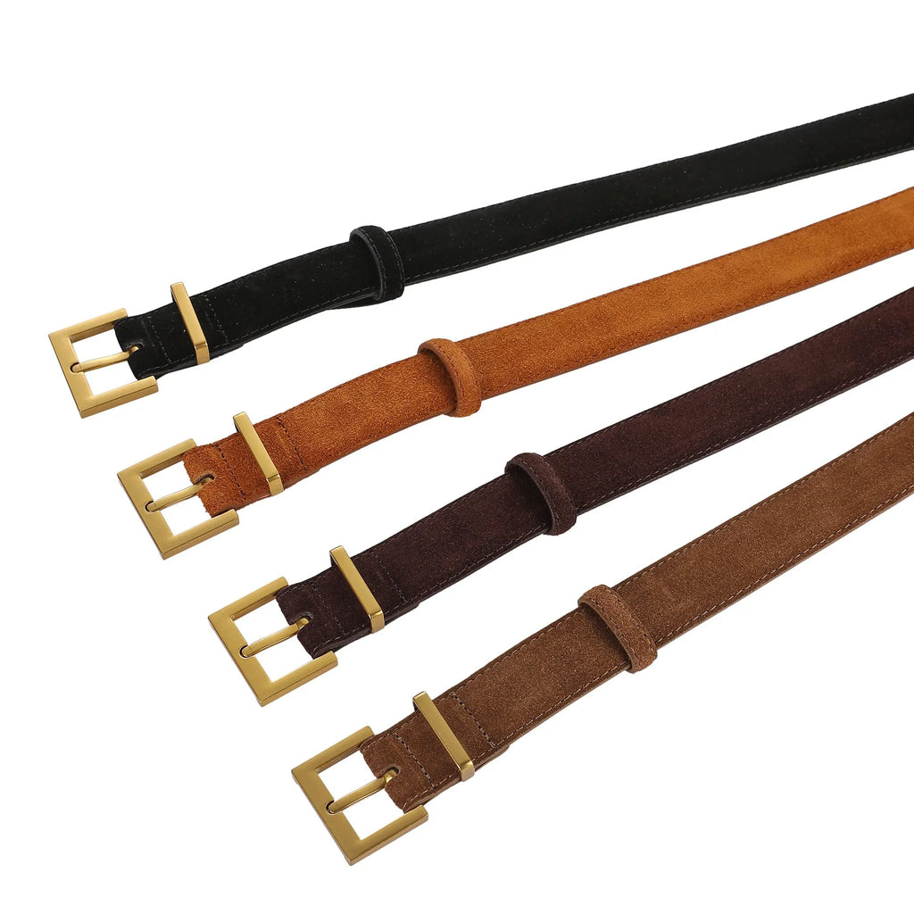 Ladies' leather belt with pin buckle fastening in genuine cowhide leather showing quadrilateral styling details
