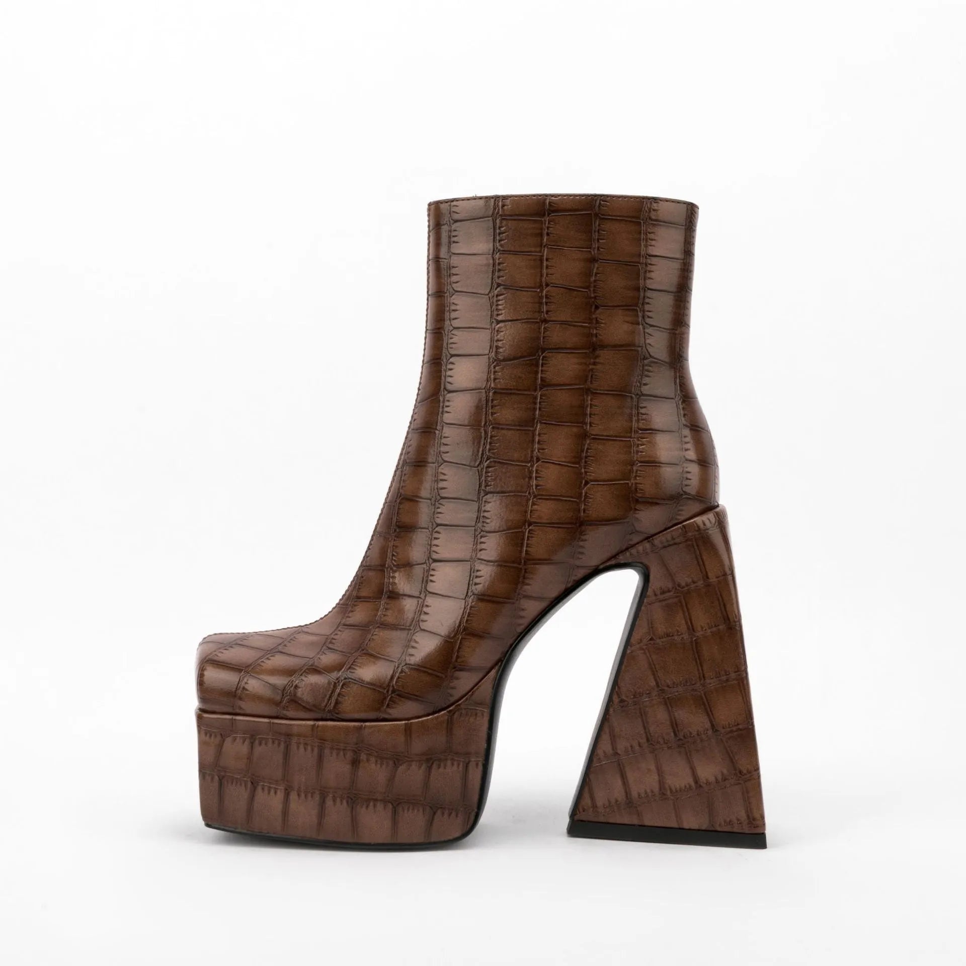 Women's high heel ankle boot in artificial PU, shown in a solid colour with a heel over 8cm high.