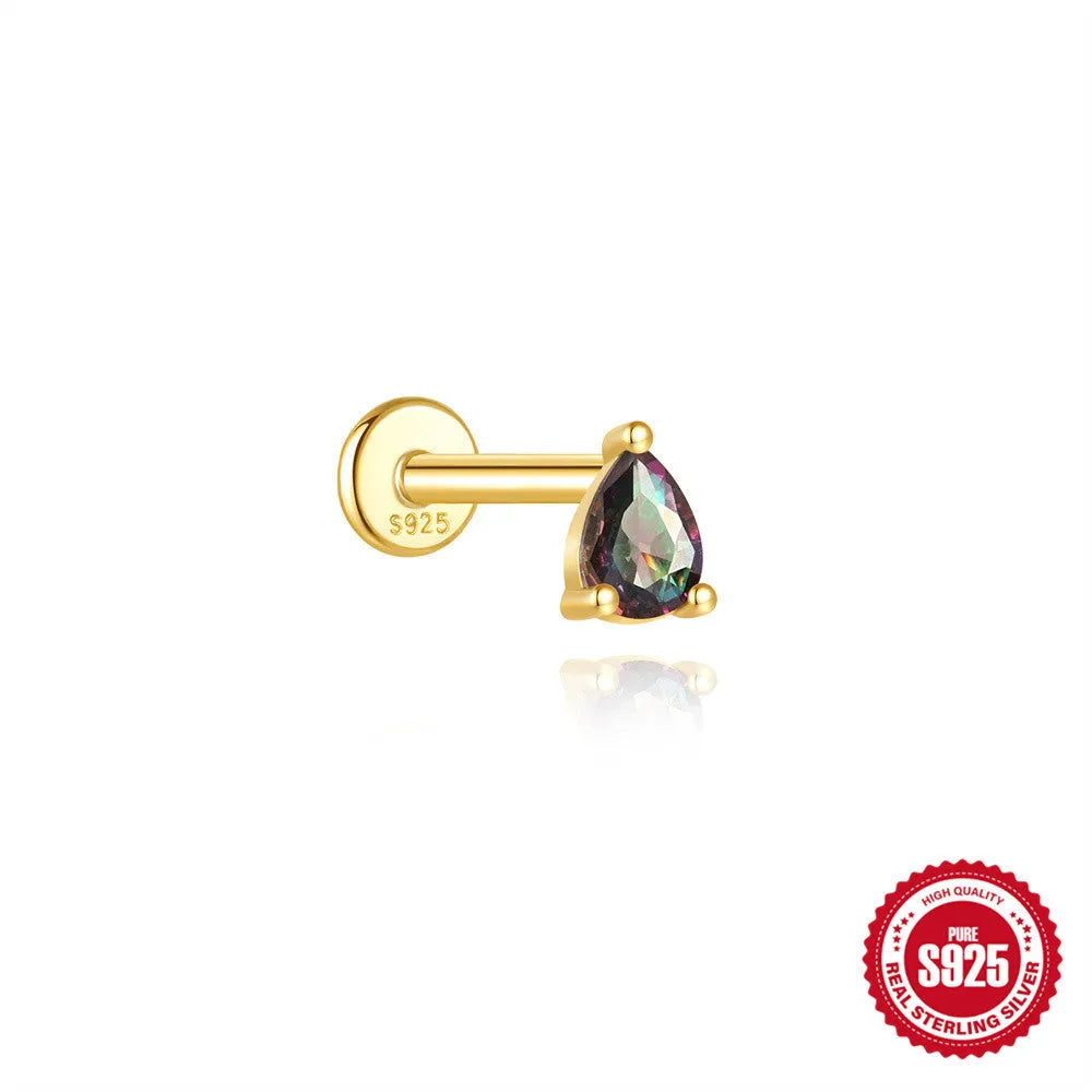 S925 sterling silver piercing earrings with rainbow stone flat head thread in gold colours