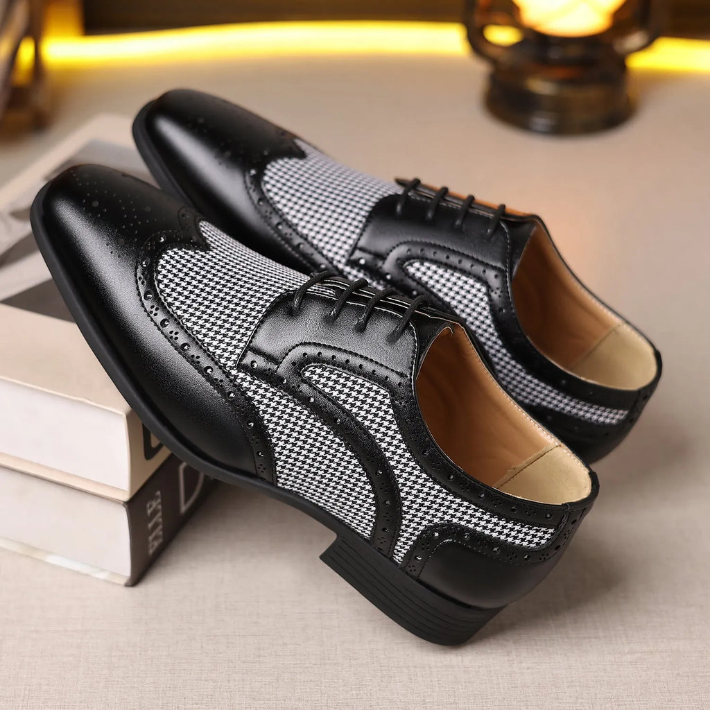 Men's black houndstooth plaid casual shoes with canvas upper, square toe, and rubber sole