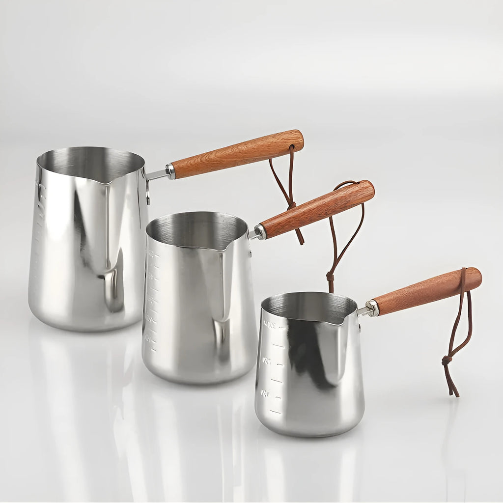 Stainless steel coffee cup with wooden handle and garland design in three capacity options