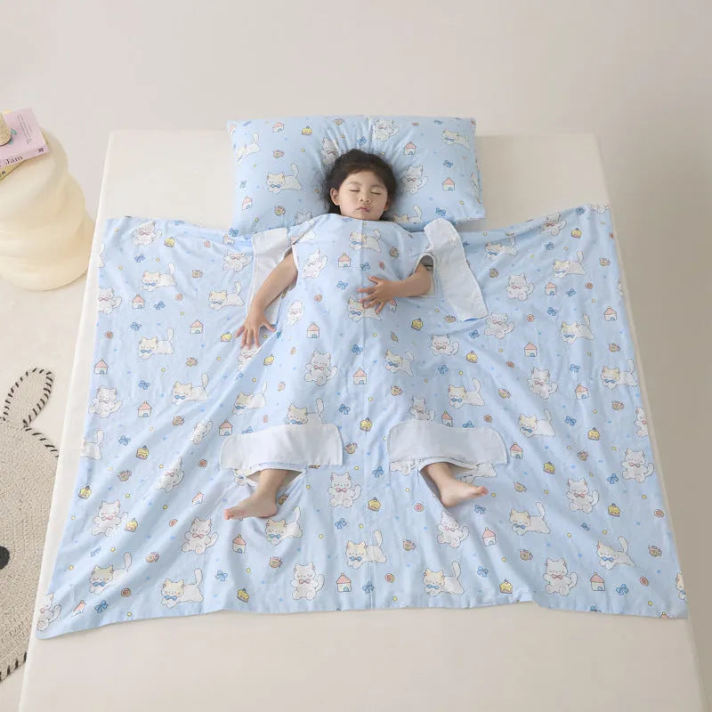 Anti-kick sleeping bag blanket in a colourful Cloud Bear Star Dream design on a bed.