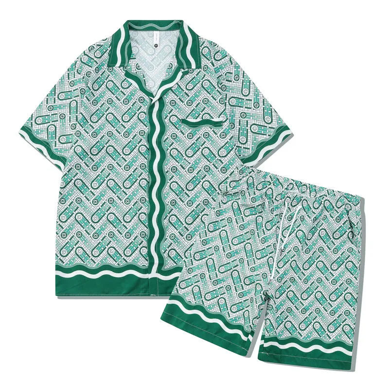 Plaid print beach outfit set showing matching short sleeve shirt and trousers for men
