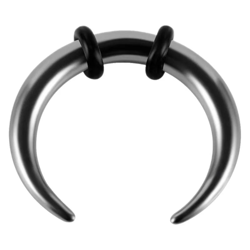 316 stainless steel C-shaped buffalo horn nose ring in black and steel colour on grey background.