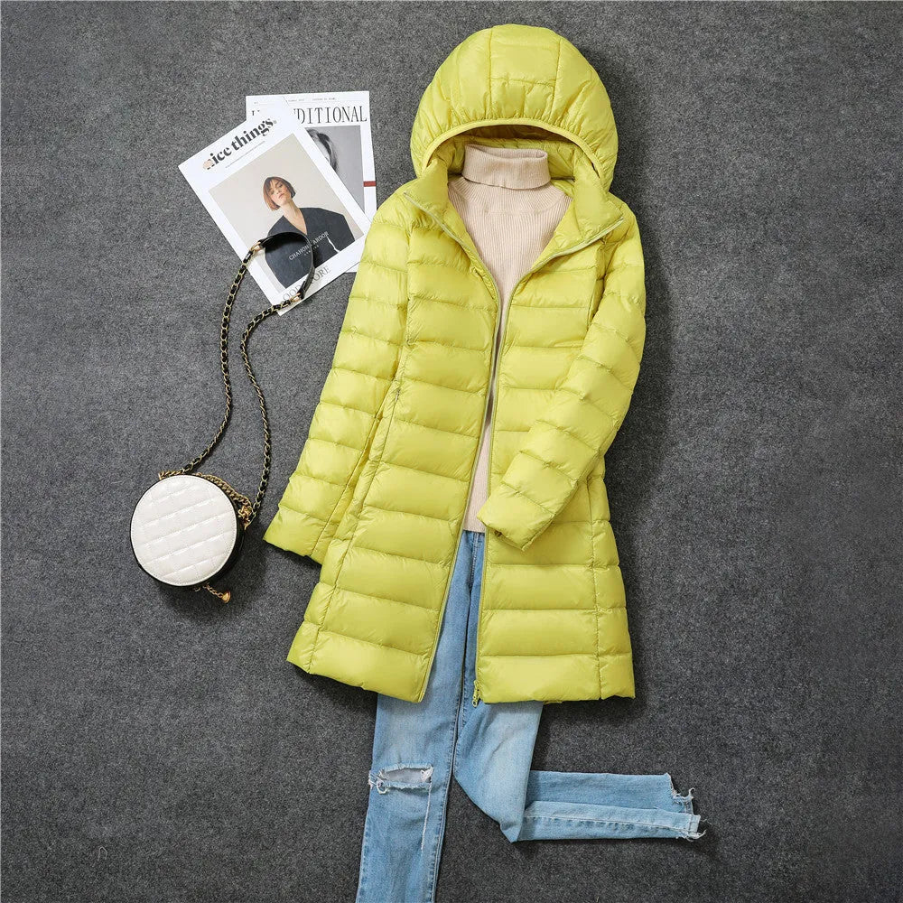 Women's mid-length lightweight down jacket in black, slim fit nylon design