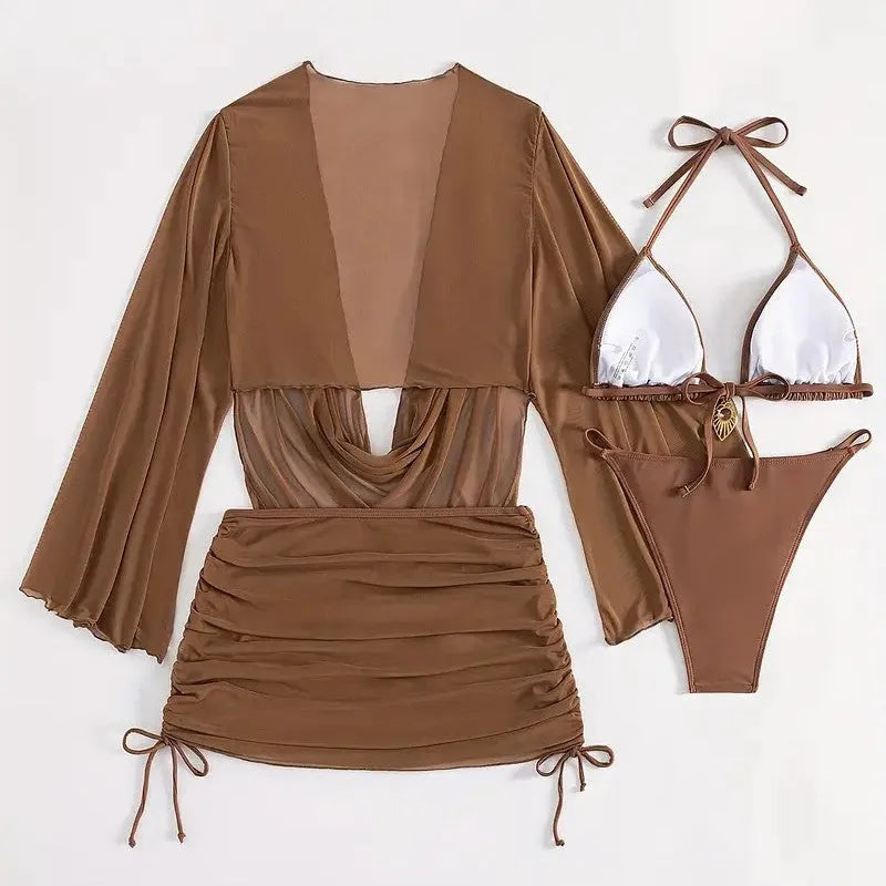 Women's lace-up bikini set in dark brown or black with sleeveless top and briefs