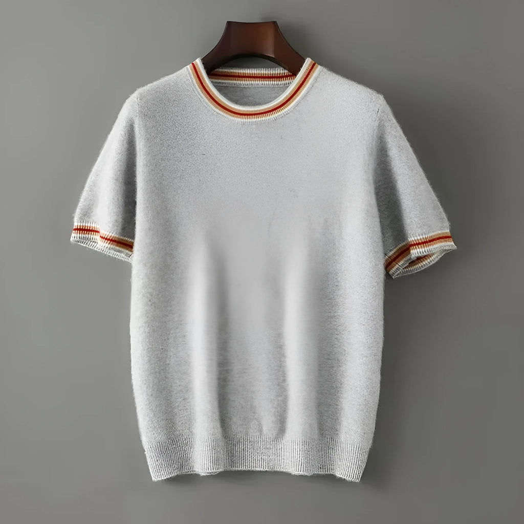 Men's short sleeve pure wool sweater in round neck pullover style shown in grey