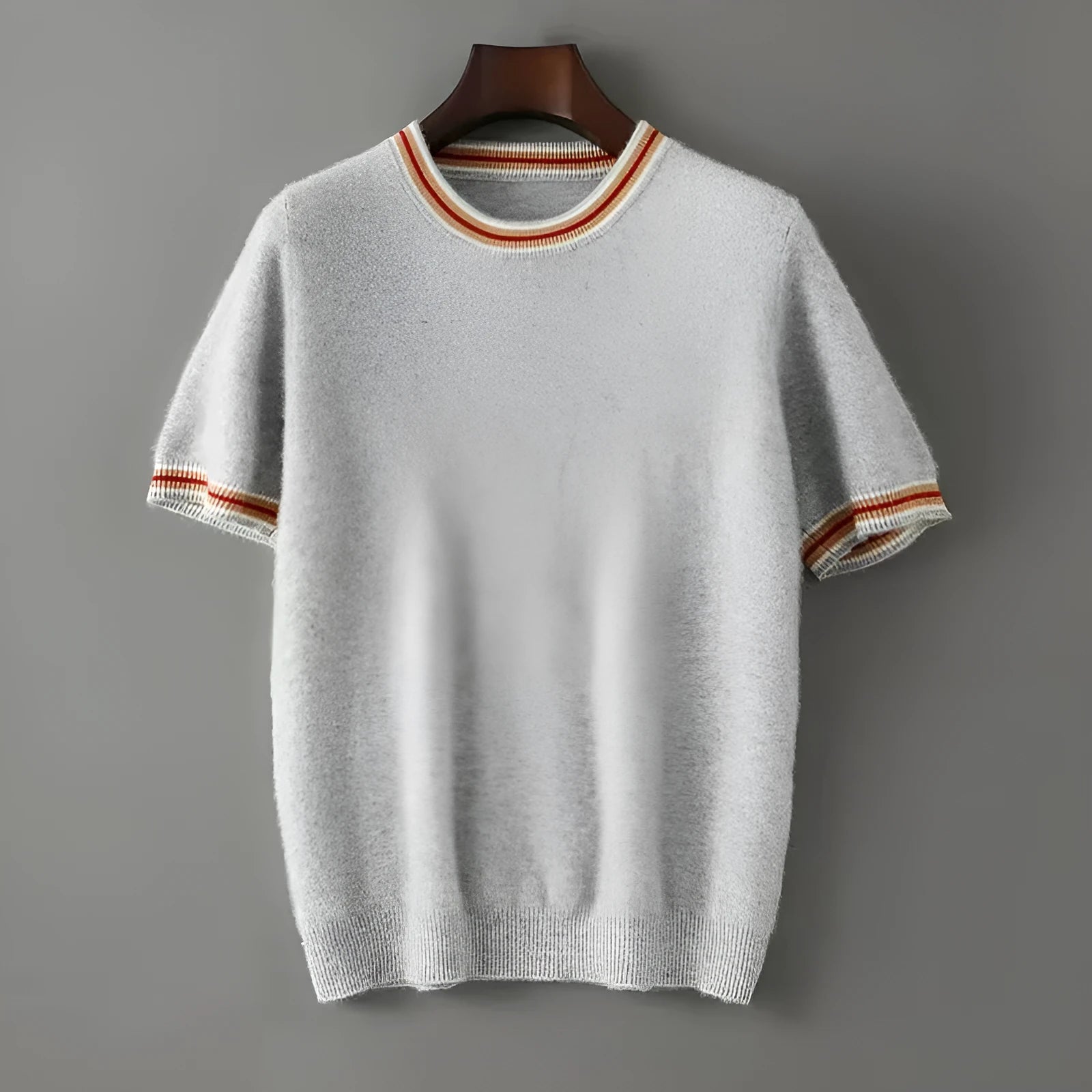 Men's short sleeve pure wool sweater in round neck pullover style shown in grey