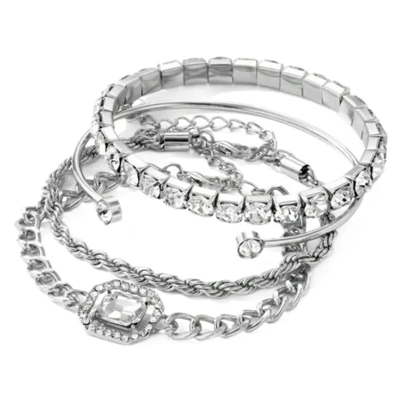 Women's retro geometric metal chain bracelet four-piece set in gold or silver alloy finish