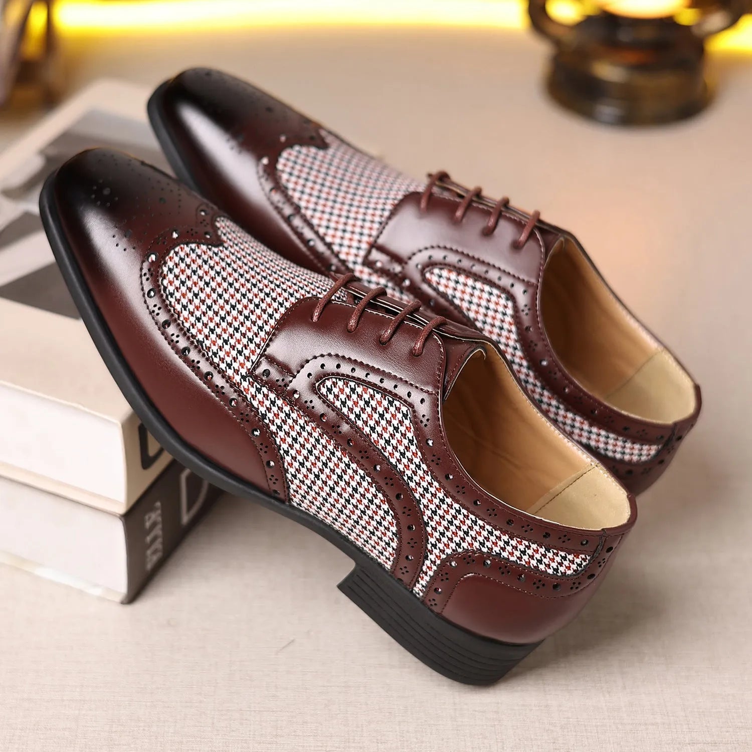 Men's black houndstooth plaid casual shoes with canvas upper, square toe, and rubber sole