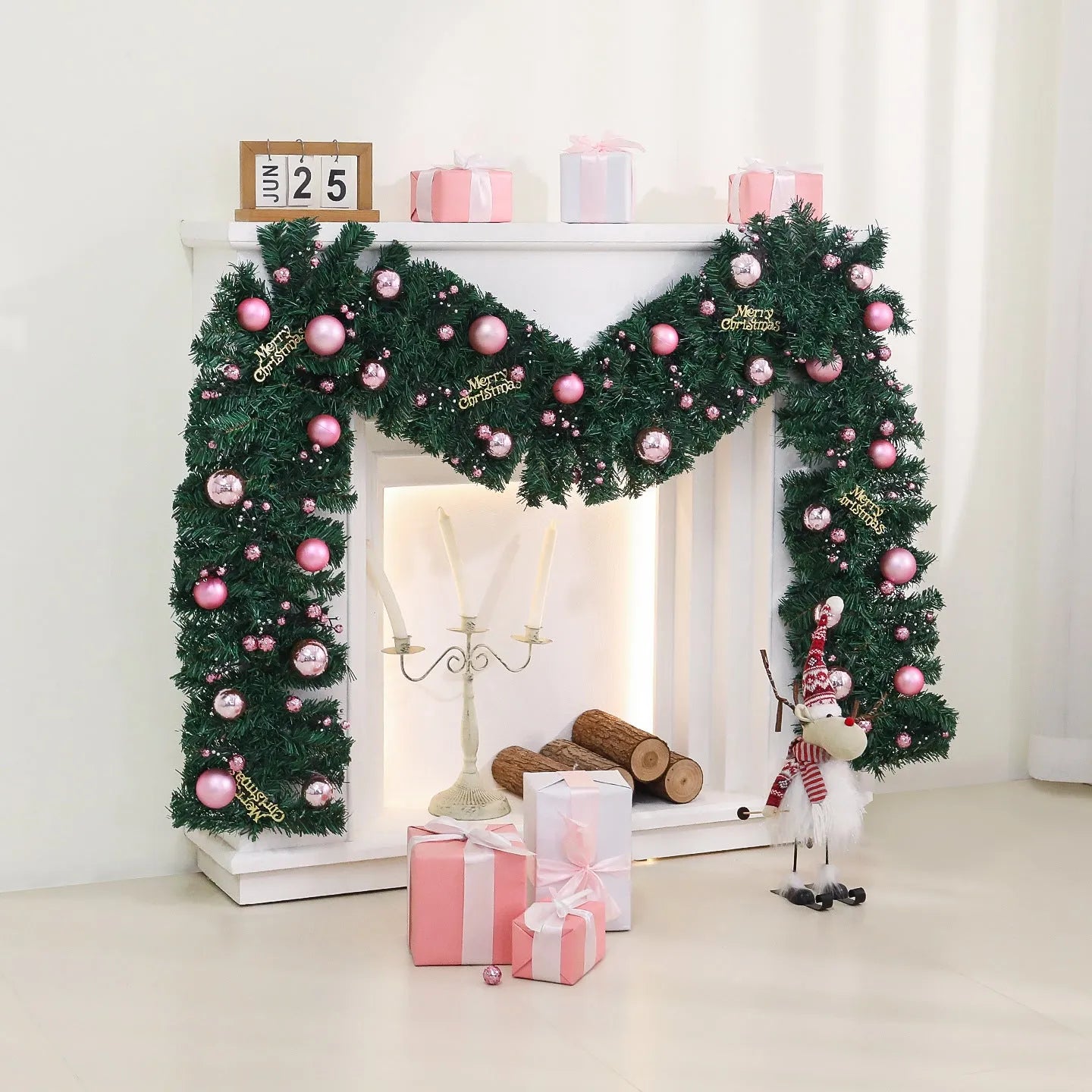 2.7-metre pink small fruit Christmas rattan garland with optional LED lighting for indoor decoration