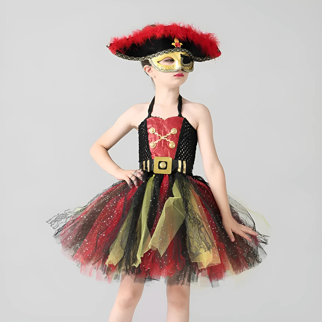 Girls sleeveless Pirates of the Caribbean Halloween costume dress with sequin and mesh detailing on a hanger.