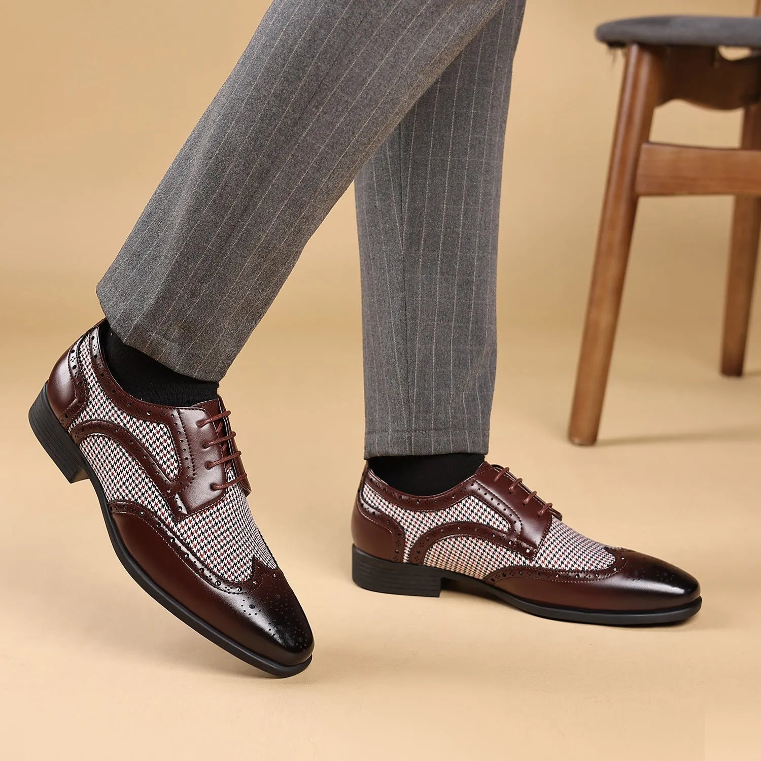 Men's black houndstooth plaid casual shoes with canvas upper, square toe, and rubber sole