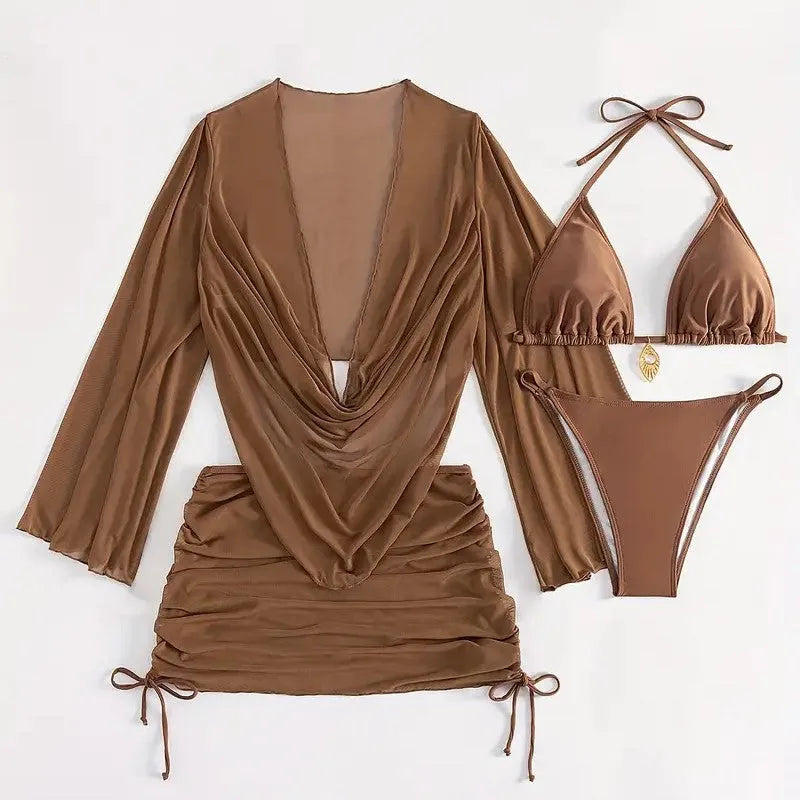 Women's lace-up bikini set in dark brown or black with sleeveless top and briefs