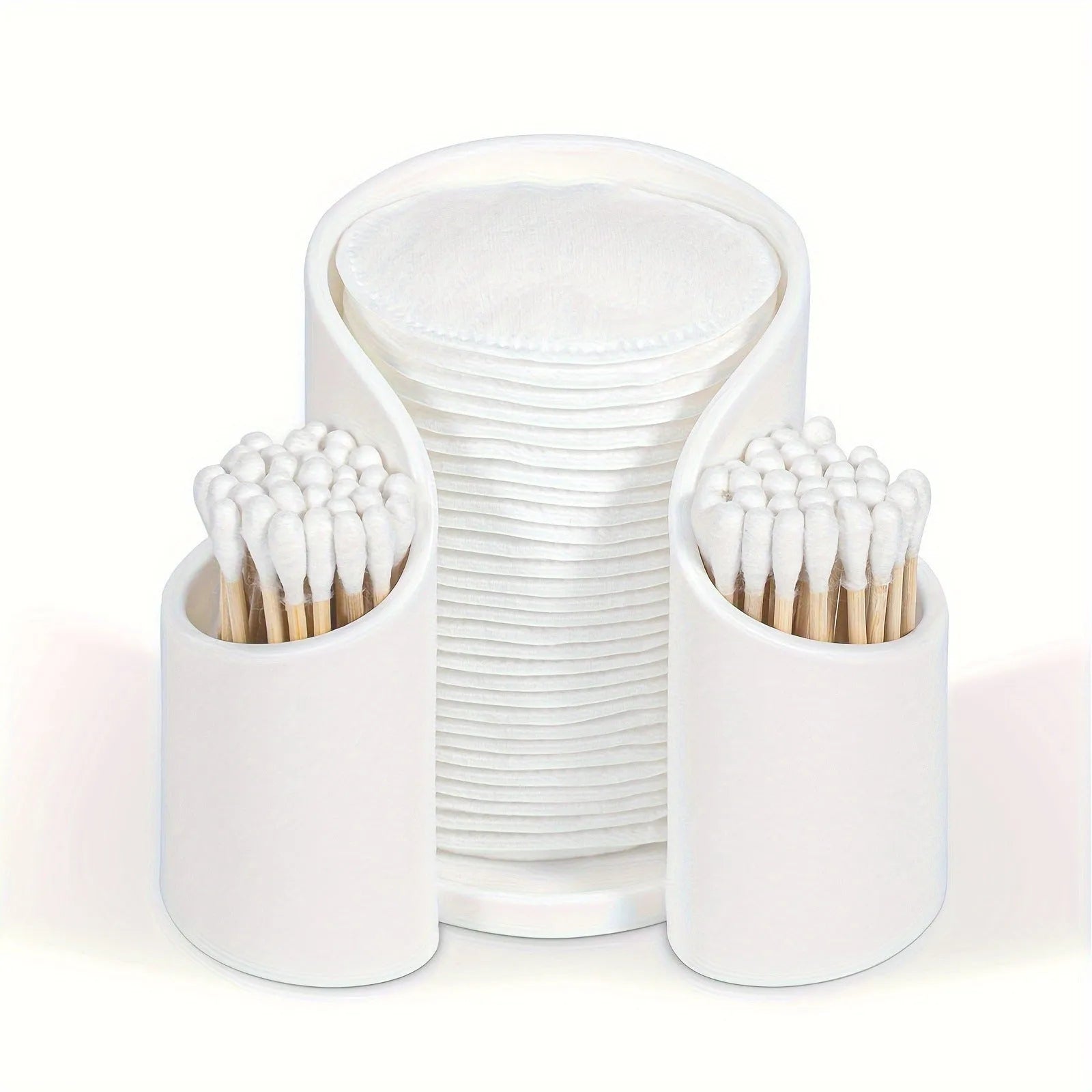 Modern solid colour plastic cotton storage box with an integrated dental floss dispenser.