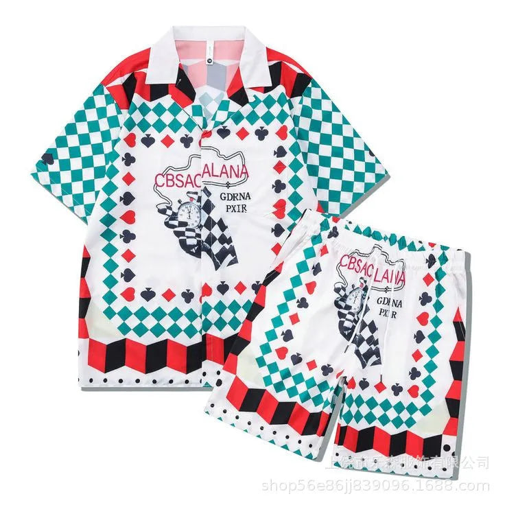 Plaid print beach outfit set showing matching short sleeve shirt and trousers for men