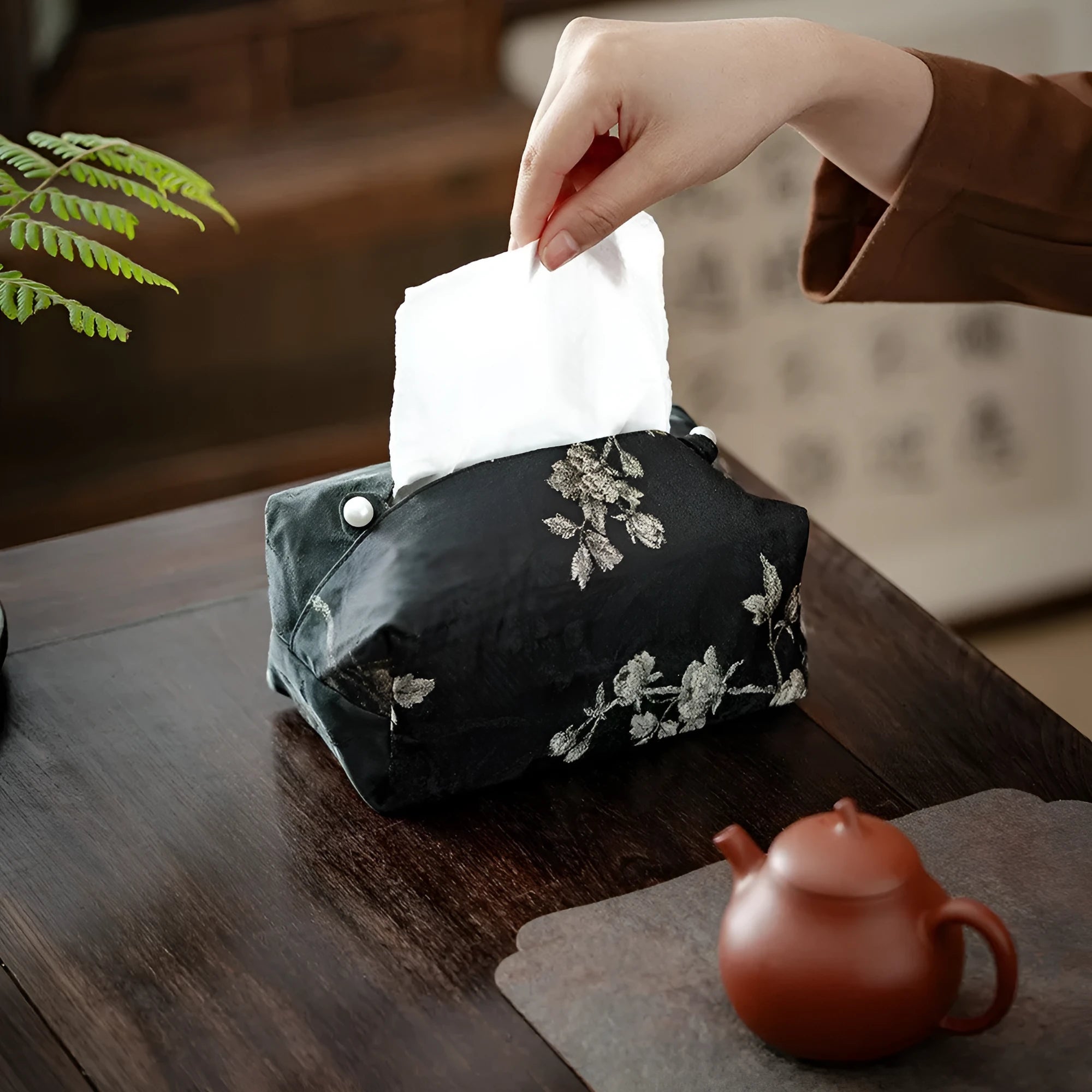 New Chinese style brocade fabric tissue box cover with white plum embroidery.