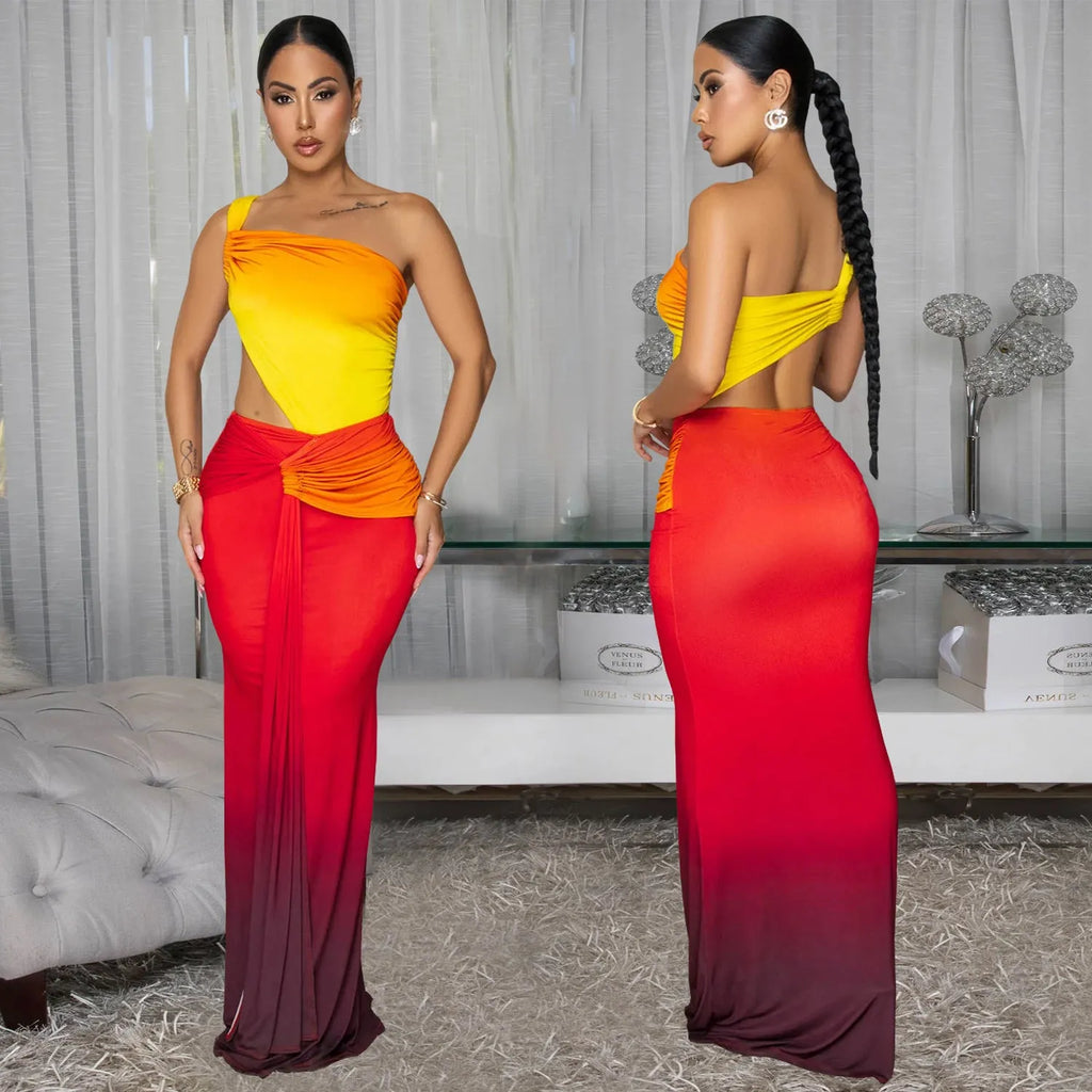 Women's gradient colour cross-shoulder dress with long skirt length in brown, green, or red shades