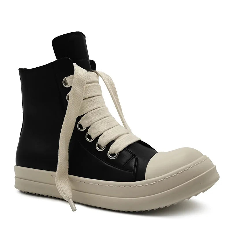 Black high-top leather boots with side zip and platform sole for men and women