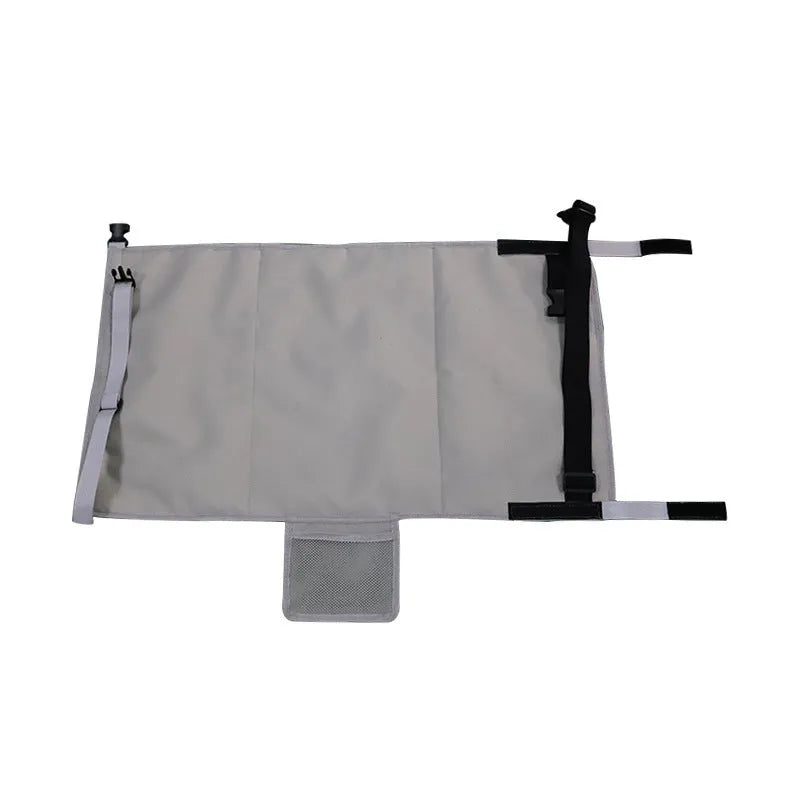 Blue portable children's aircraft seat extender with attached pedal and matching drawstring storage pocket.