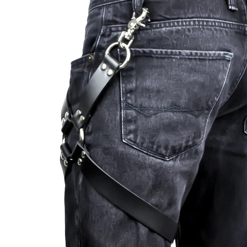 Black leggings with leather accessories and trim detailing in PU leather material