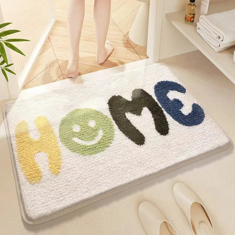 Square polyester fibre floor mat with rainbow pattern, plastic dirt-resistant bottom, in Sky Sea colours