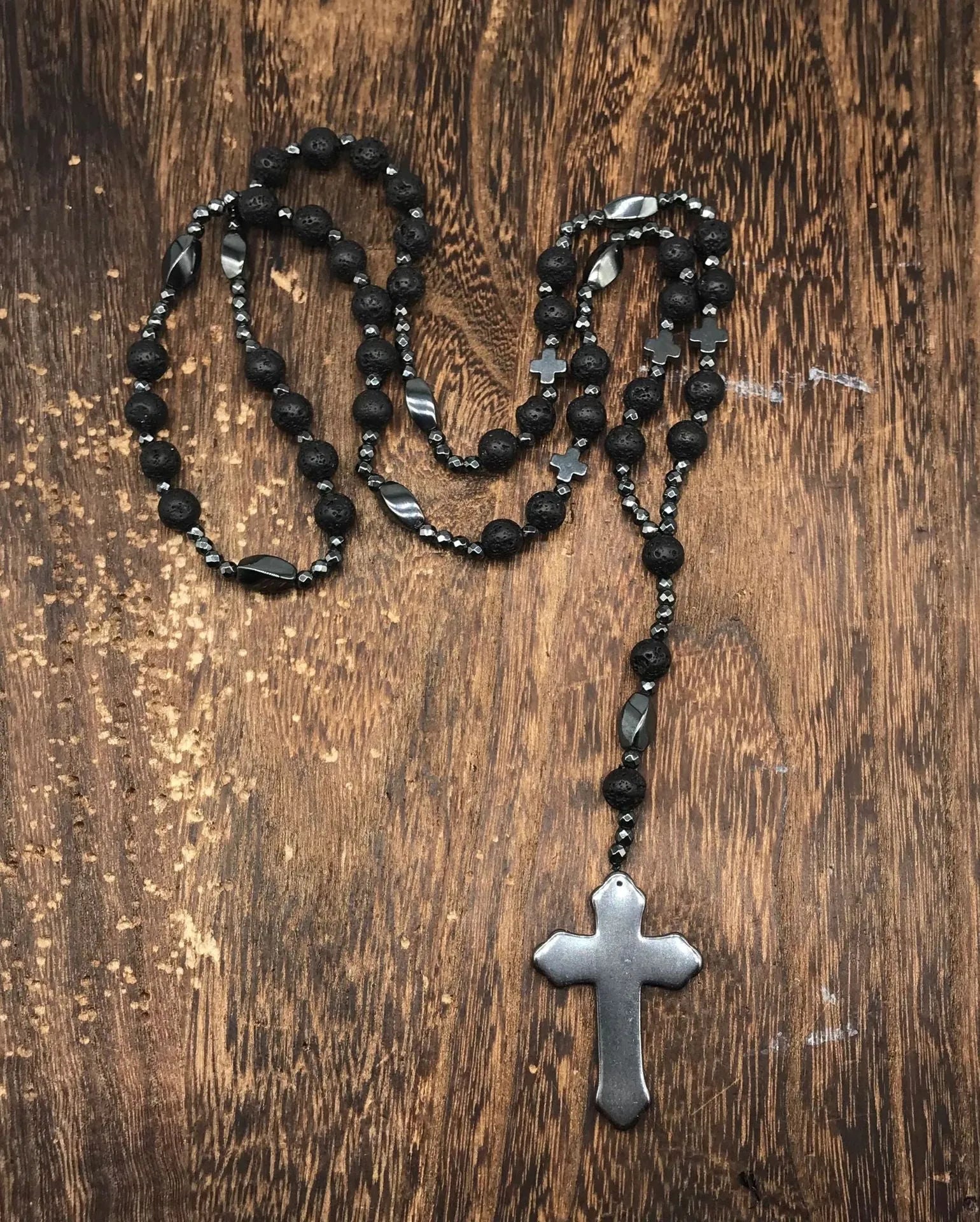 Men's stone cross pendant necklace on ball bead chain with safety lock clasp