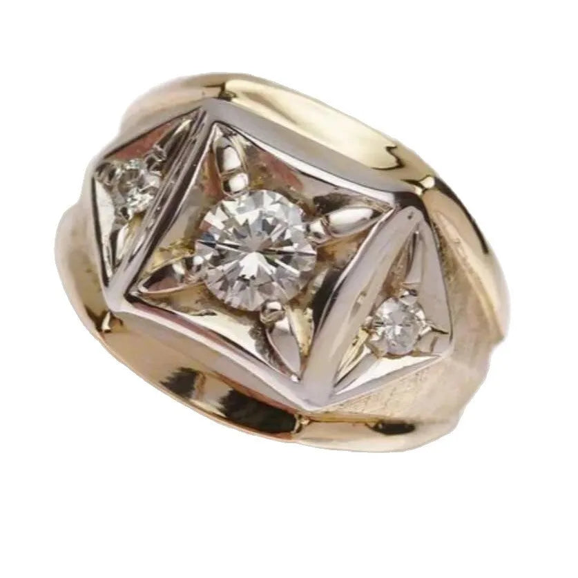Gold-coloured geometric hollow couple rings with chamfered square pattern design
