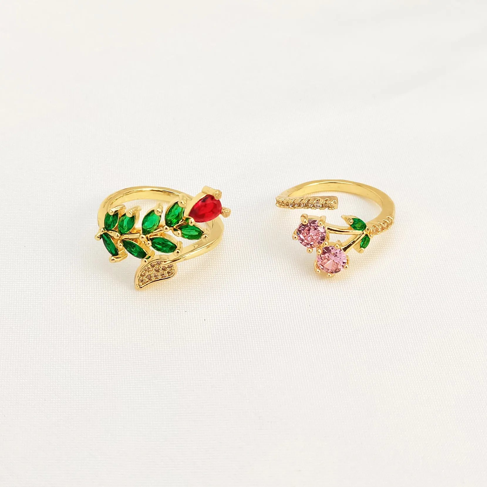 Copper geometric open ring with detailed leaf pattern and gold zircon accents