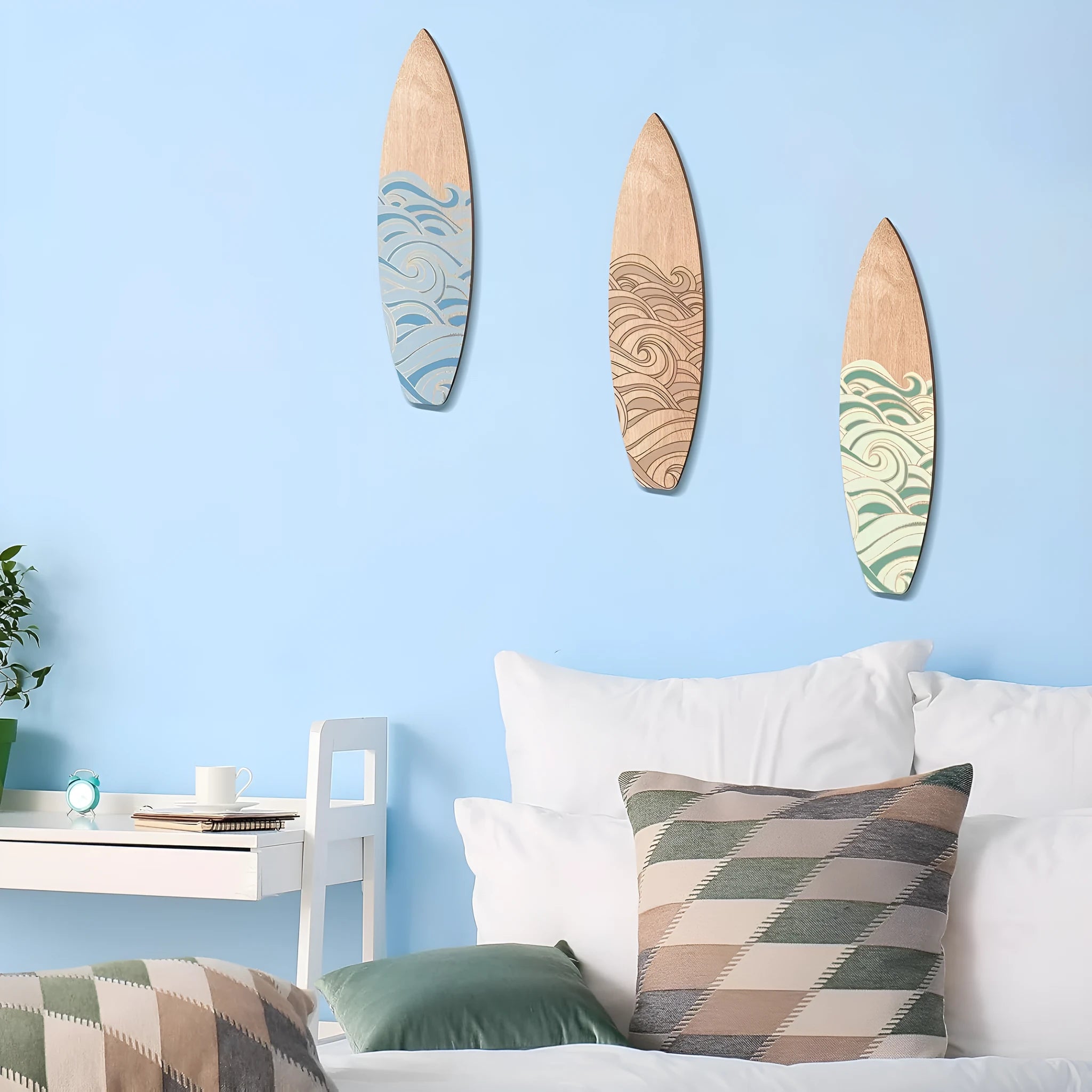Three wooden surfboard wall decorations with European style design for beach theme rooms