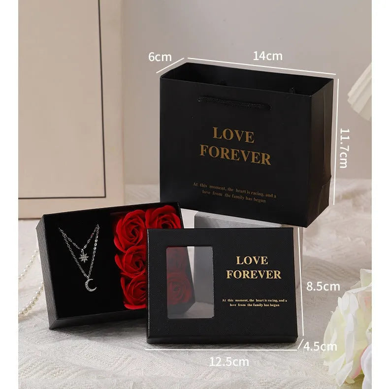 Korean style soap flower gift box set with six roses, presentation handbag, in red, pink, or black.