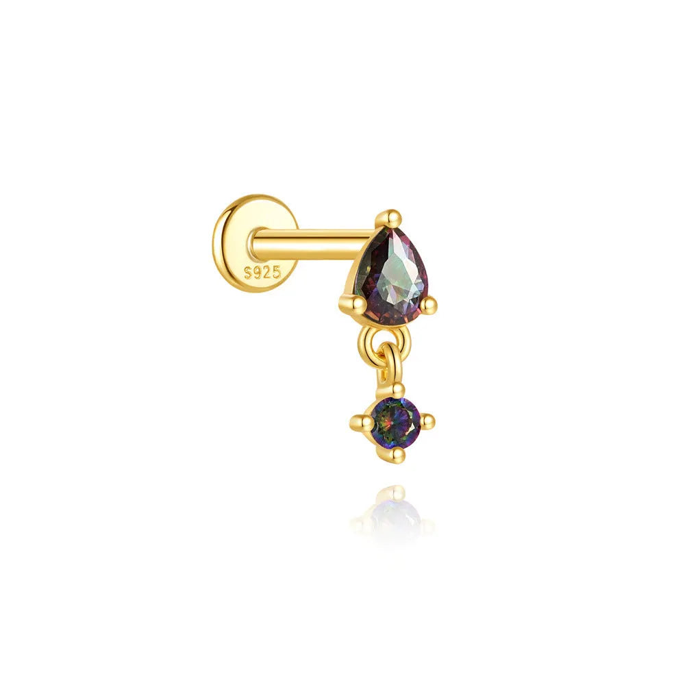 S925 sterling silver piercing earrings with rainbow stone flat head thread in gold colours