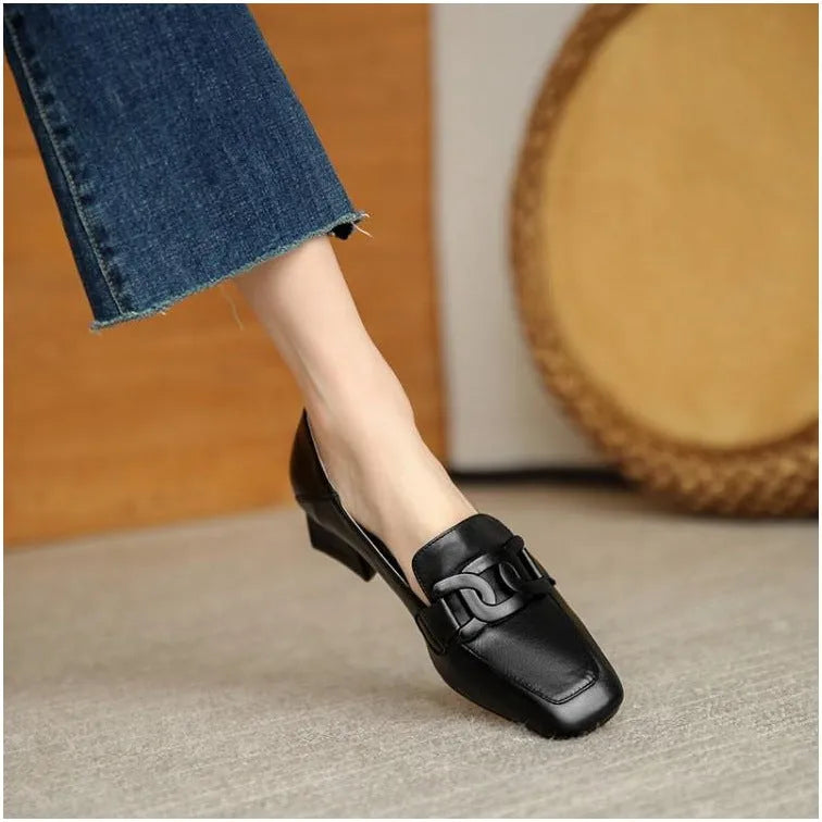 Women's British style chunky heel pumps loafer in beige solid colour, square toe, one-pedal design