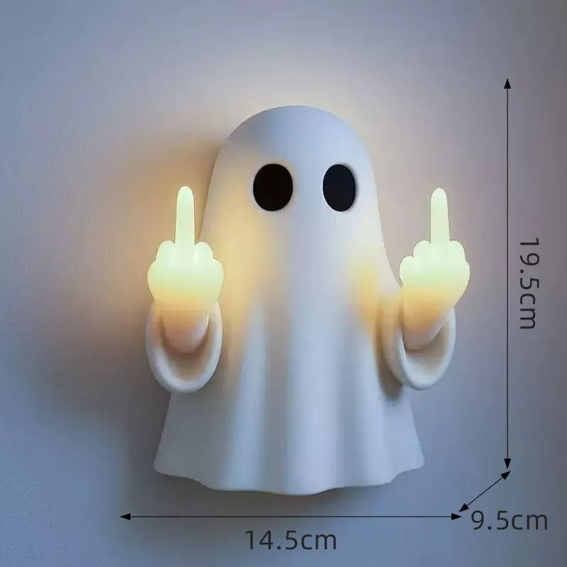 White Halloween ghost night lamp with cute statue design on black background
