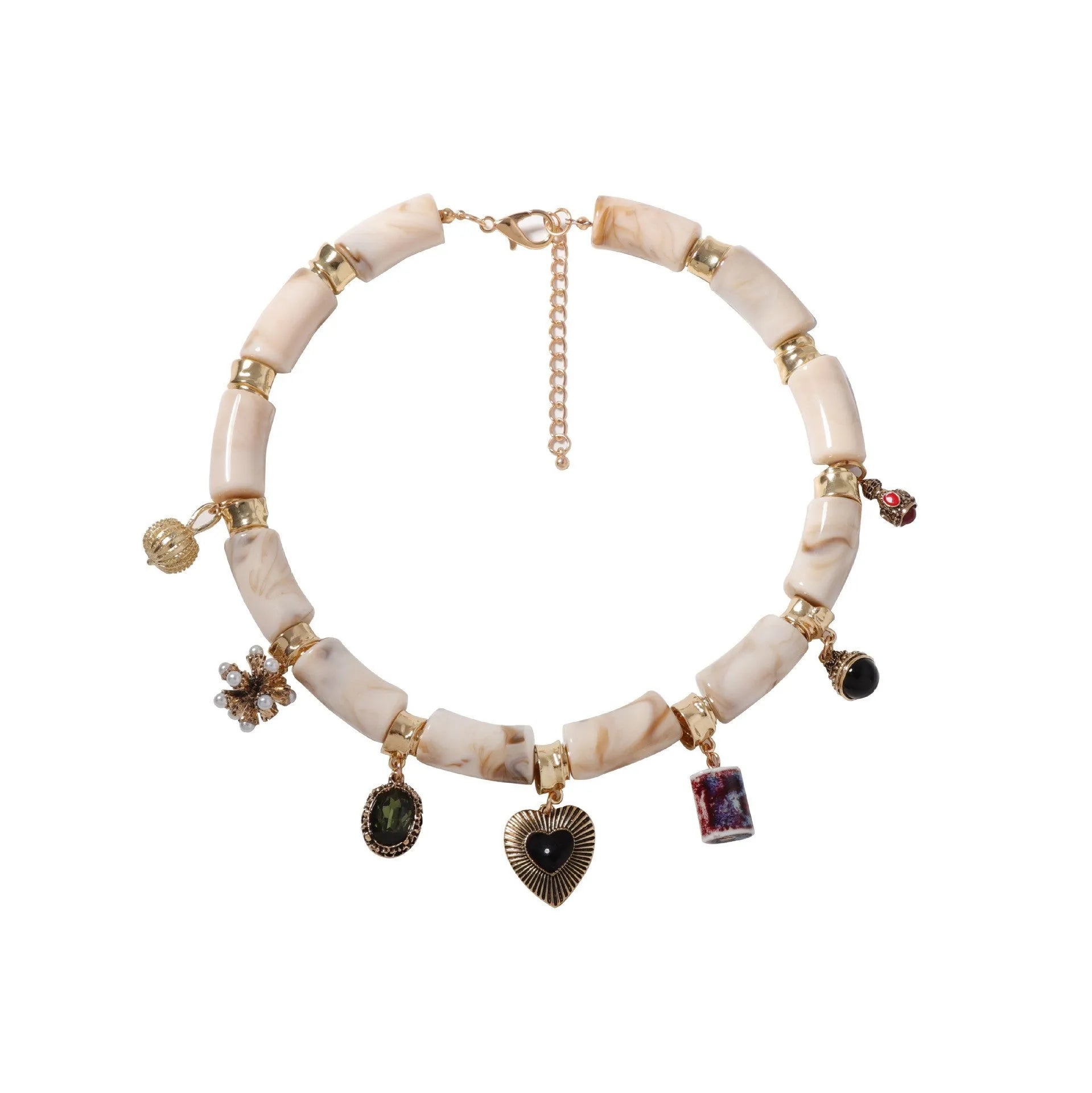 Close-up of a heart-shaped resin and bamboo pendant necklace with an electroplated finish.