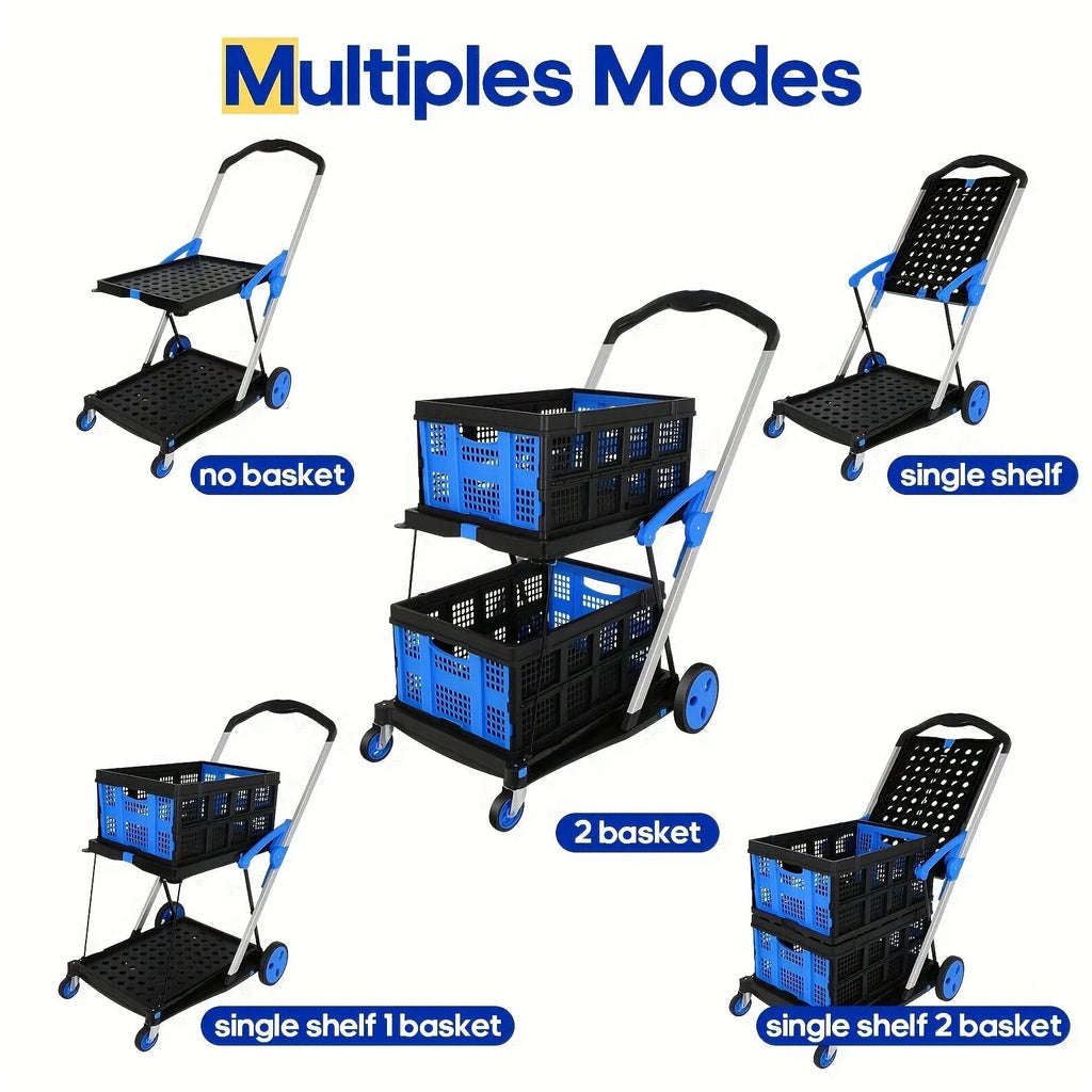 Blue foldable shopping cart with two plastic baskets and wheels, shown in an open, ready-to-use position.
