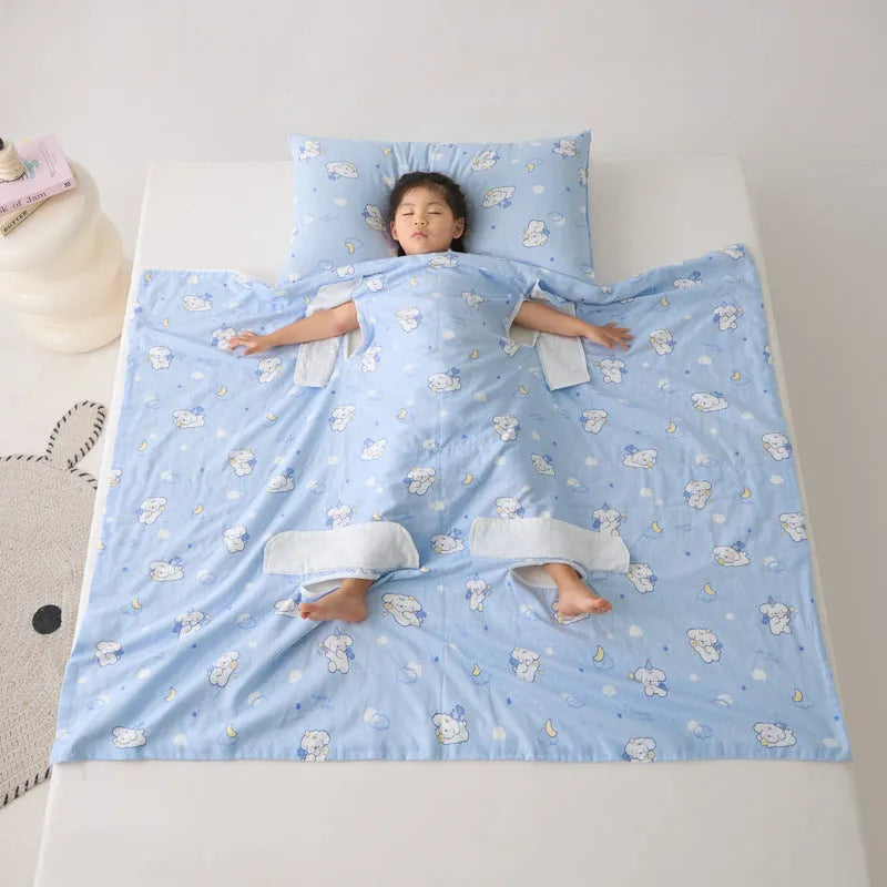 Anti-kick sleeping bag blanket in a colourful Cloud Bear Star Dream design on a bed.