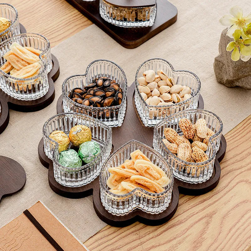 Glass snack platter with heart-shaped lids and multiple grid compartments in retro style