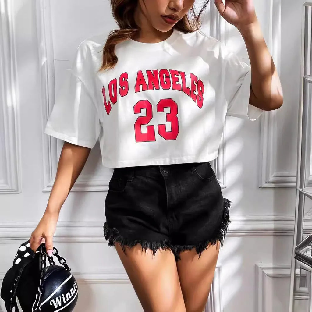 Black loose fit cotton t-shirt with printed white English letters and a navel exposed style.