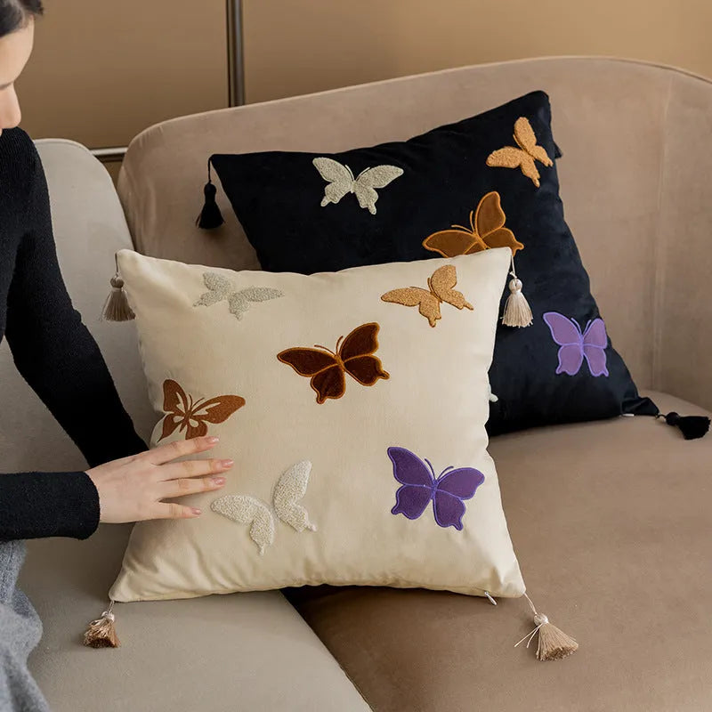 Square butterfly embroidered cushion in beige, black, or purple colour options