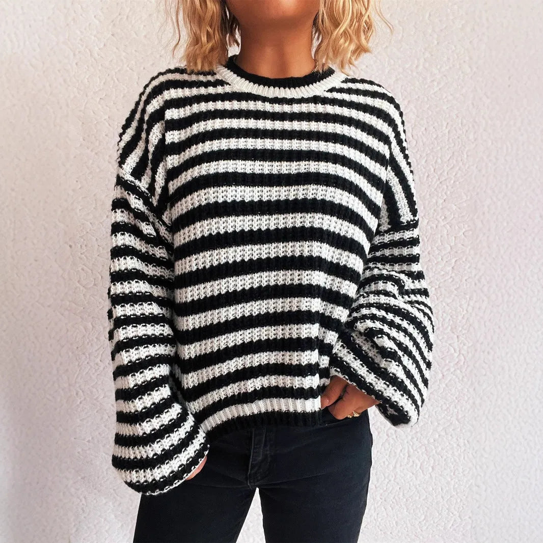 Women's vintage stripe knitted loose-fit pullover sweater in polyester, shown in a selection of colours.